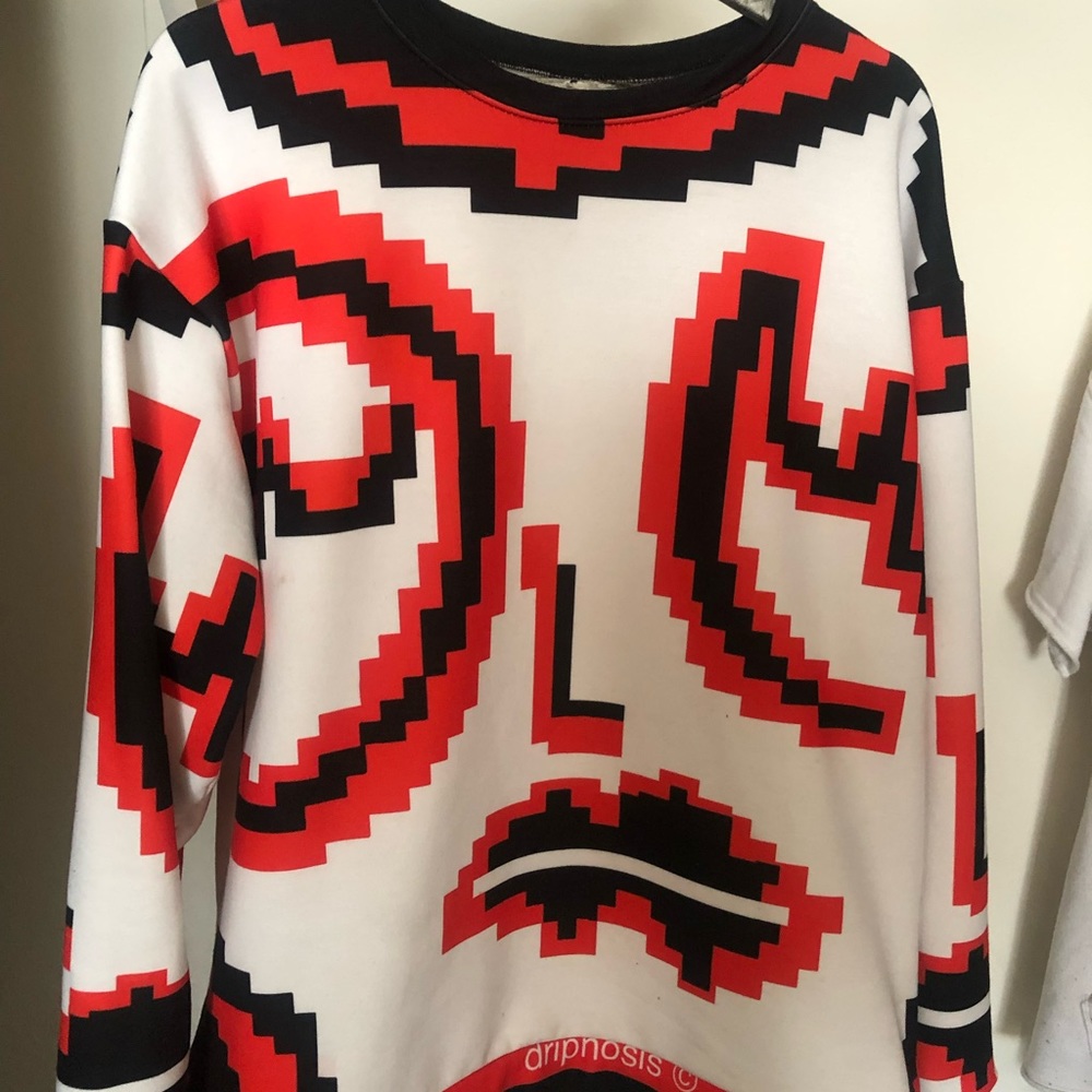 Red black white Devils sweater psychedelic pixel Drippy Zelpha Pixicuh size L